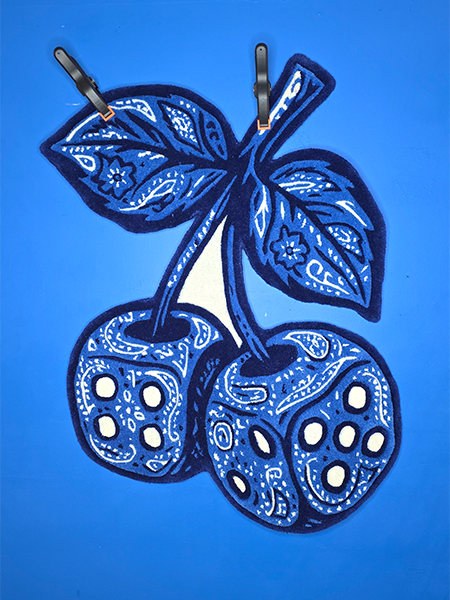 Custom art rug featuring dice and cherry illustrations