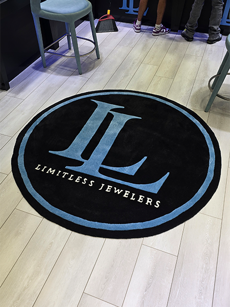 Custom round logo rug installed inside a jewelry store