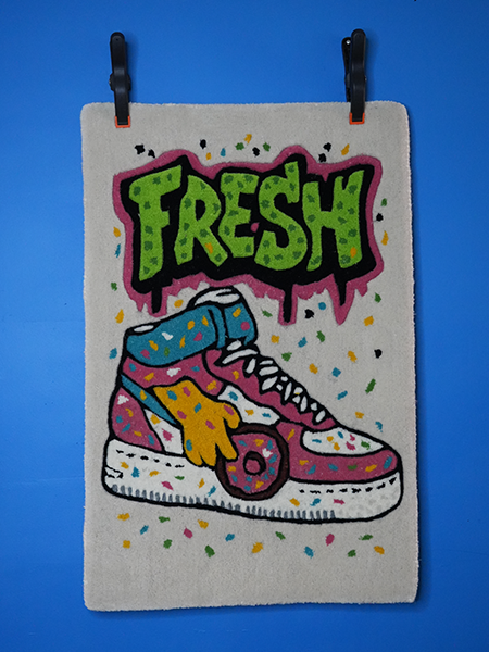 Custom sneaker art rug with graffiti style design
