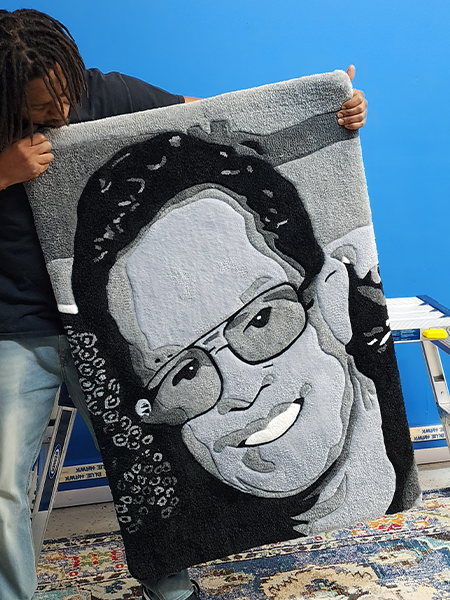 Handmade black and white portrait rug